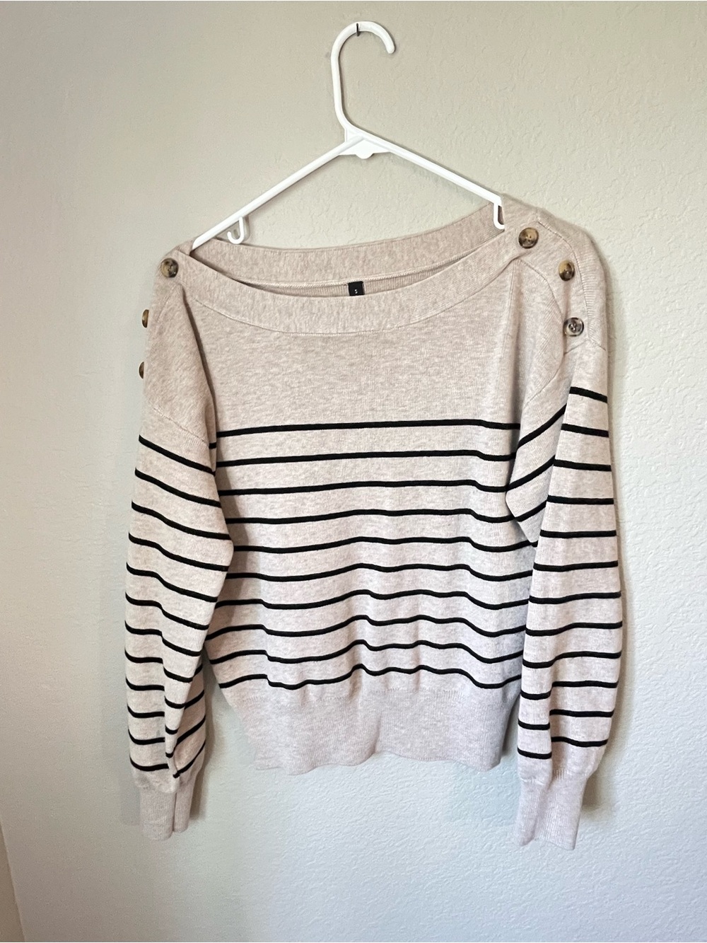 Arach & Cloz Breton Stripe Button Shoulder Sweater Old Money Coastal Size S